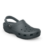 Ein einzelner dunkelgrauer Clog mit Belüftungsöffnungen und verstellbarem Fersenriemen auf weißem Hintergrund