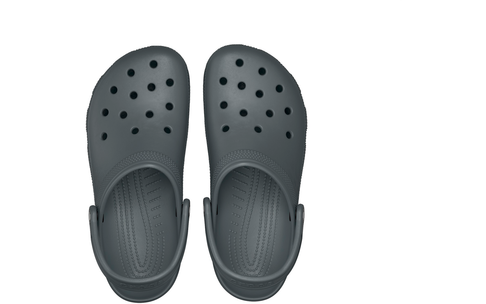 Zwei dunkelgraue Gummclogs von oben, jeweils mit Lüftungsöffnungen und strukturiertem Fußbett, mit Fersenriemen