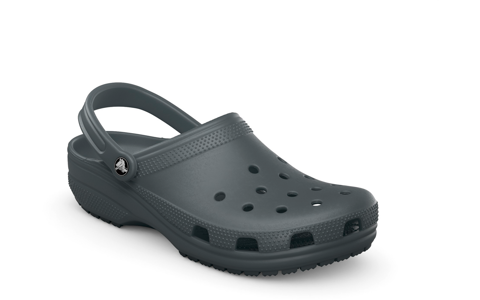 Ein einzelner dunkelgrauer Clog mit Belüftungsöffnungen und verstellbarem Fersenriemen auf weißem Hintergrund