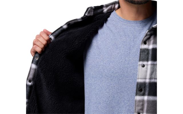 Person zeigt das Innere einer schwarz-weiß karierten Jacke, trägt ein hellblaues T-Shirt