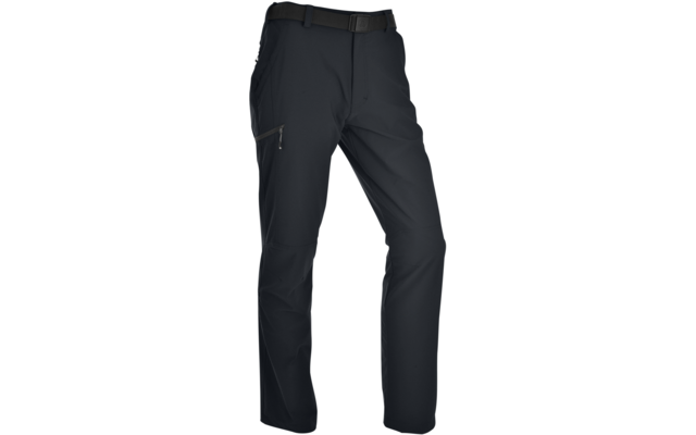 Donkere lange broek met riem en ritssluitingzak op de dij, op witte achtergrond