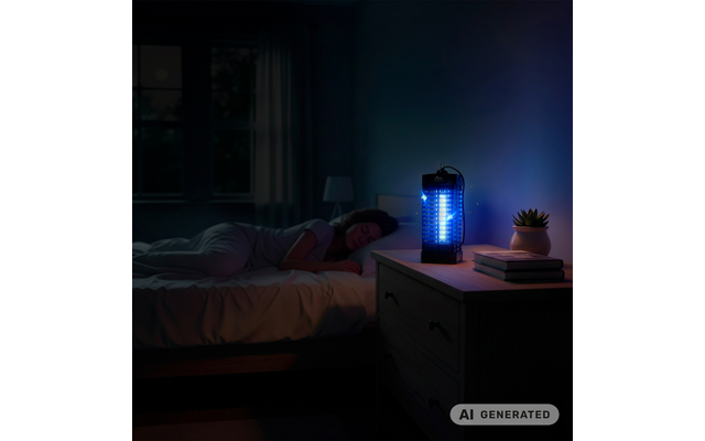Persona addormentata nel letto; comodino con un dispositivo che emette luce blu, pianta in vaso e libri; finestra con tende sullo sfondo