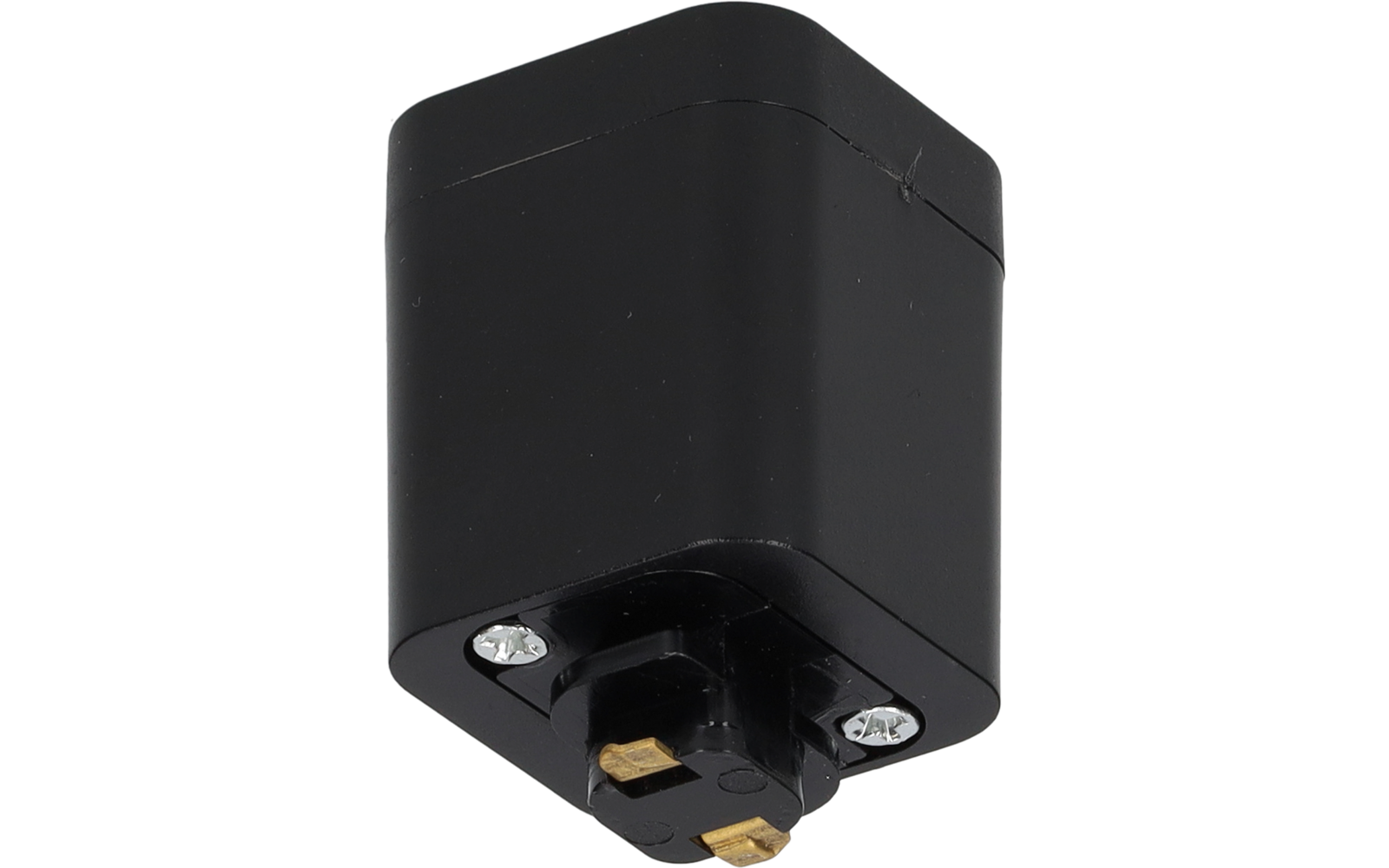 Schwarzes rechteckiges Kunststoffgehäuse mit abgerundeten Ecken, unten zwei goldfarbene Metallkontaktflächen und zwei silberne Schrauben sichtbar