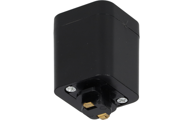 Schwarzes rechteckiges Kunststoffgehäuse mit abgerundeten Ecken, unten zwei goldfarbene Metallkontaktflächen und zwei silberne Schrauben sichtbar