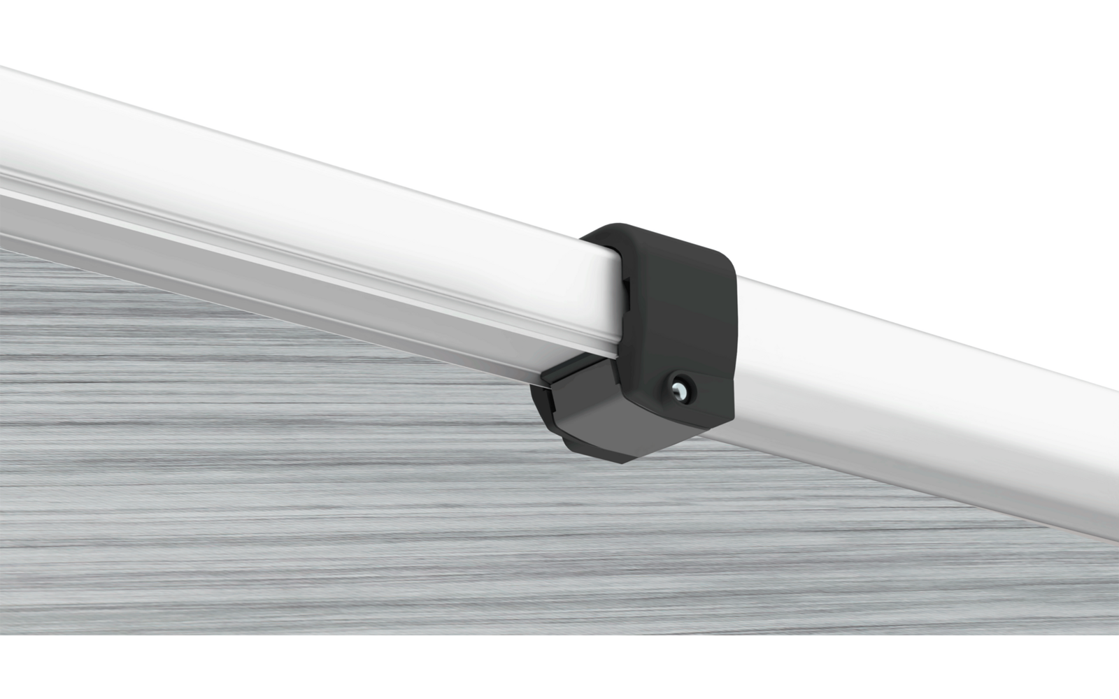 Weiße horizontale Stange mit schwarzer Klemme, hellgraue strukturierte Fläche im Hintergrund
