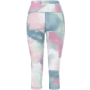 Back view of three-quarter leggings with a pastel watercolor pattern in pink, teal, and white