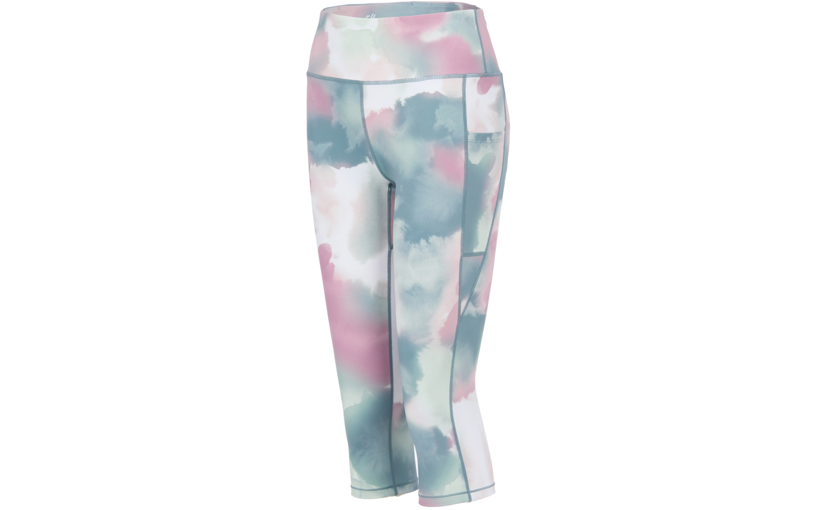 3/4 leggings with high waistband and side pocket, pastel blotch pattern in pink, teal and white