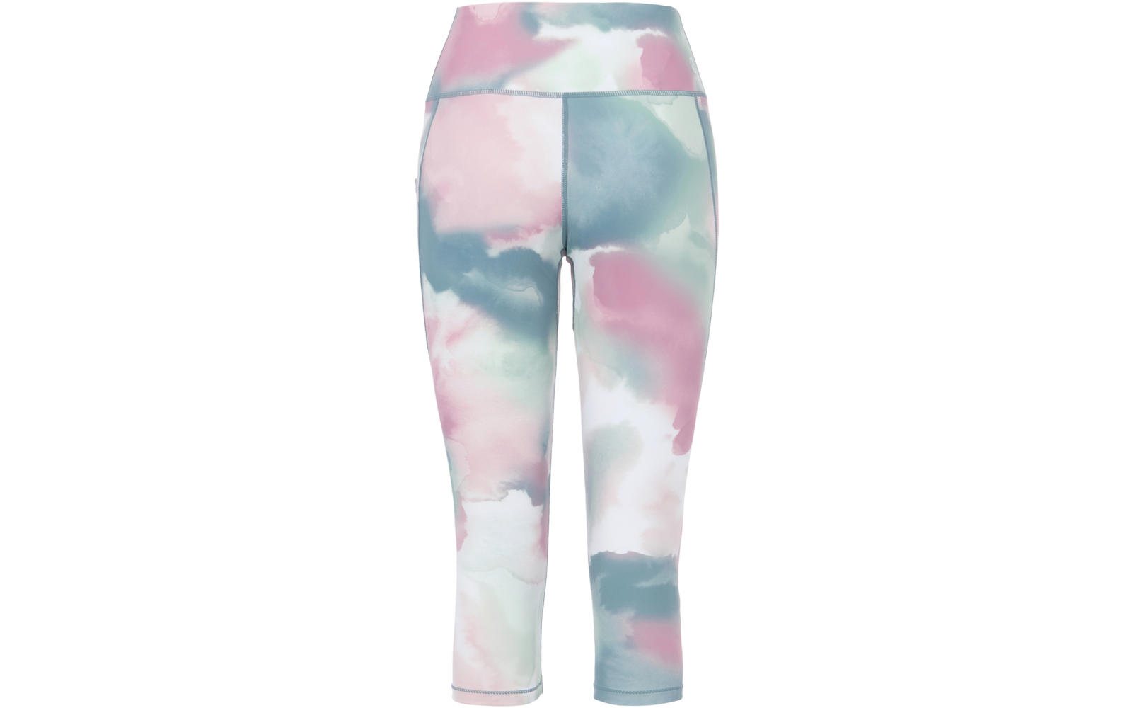 Back view of three-quarter leggings with a pastel watercolor pattern in pink, teal, and white