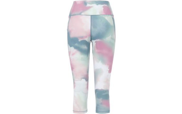 Back view of three-quarter leggings with a pastel watercolor pattern in pink, teal, and white