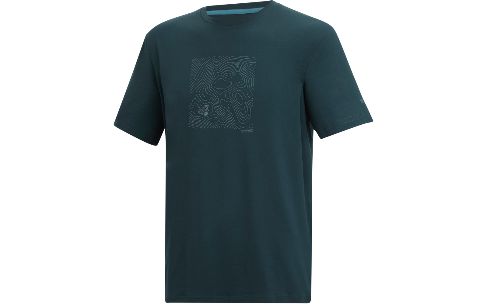 Dunkelgrünes kurzärmliges T‑Shirt mit quadratischem Muster aus geschwungenen Linien auf der Brust