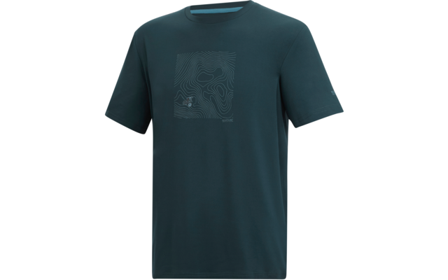 Dunkelgrünes kurzärmliges T‑Shirt mit quadratischem Muster aus geschwungenen Linien auf der Brust