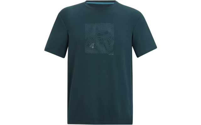 Dunkelgrünes kurzärmliges T‑Shirt mit rundem Halsausschnitt und quadratischem Linienmuster in der Mitte der Brust, mit feinen geschwungenen Linien und kleinem Symbol unten links im Quadrat