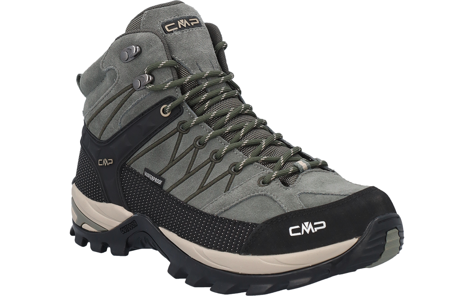 Ein einzelner graugrüner knöchelhoher Schuh mit Schnürsenkeln, metallischen Ösen, Markenaufdruck "CMP" auf Zunge und Vorderkappe, schwarzer profilierter Gummisohle und hellbeiger Zwischensohle