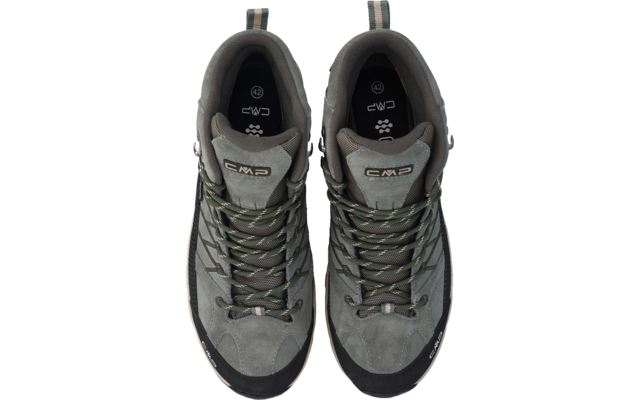 Zwei graugrüne, geschnürte Schuhe von oben; CMP‑Logos auf den Zungen; Einlegesohlen mit Größe "42"; schwarzer Sohlenrand; Zuglaschen an den Fersen