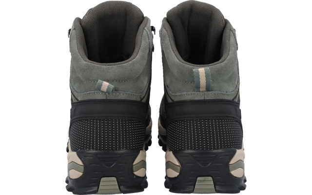 Rückansicht eines Paars graugrüner Stiefel mit gepolstertem Schaft, Zuglaschen und schwarzer Fersenverstärkung mit hellen Akzenten