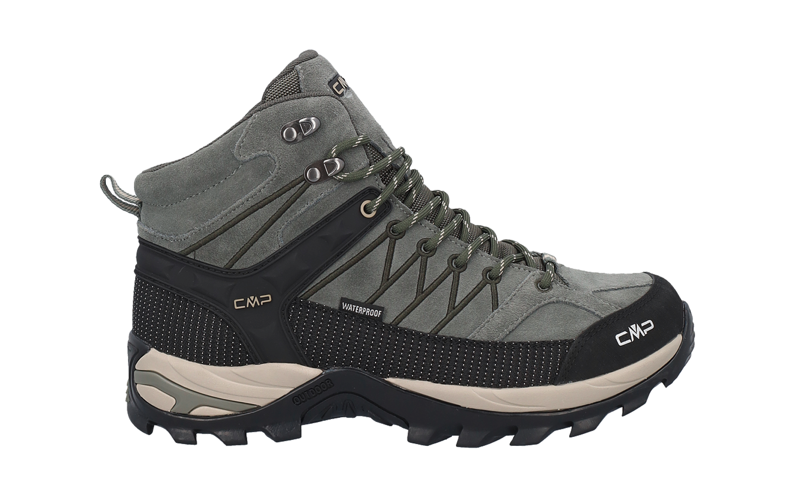 Graugrüner knöchelhoher Wanderschuh, Seitenansicht; Schnürsenkel mit Metallösen, schwarze Gummiverstärkung, beige Zwischensohle, profilierte Laufsohle; seitlicher Markenaufdruck 'CMP'