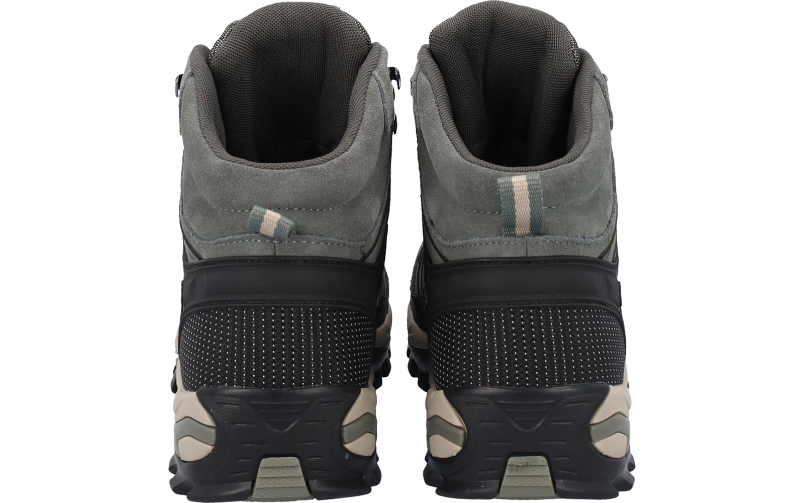 Rückansicht eines Paars graugrüner Stiefel mit gepolstertem Schaft, Zuglaschen und schwarzer Fersenverstärkung mit hellen Akzenten