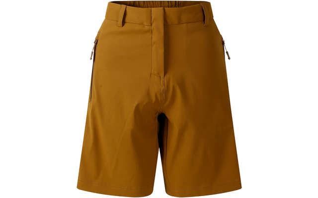 Vista frontal de unos pantalones cortos lisos de color mostaza con trabillas, largo hasta mitad del muslo, costura frontal en la entrepierna y dos bolsillos laterales con cremalleras y tiradores