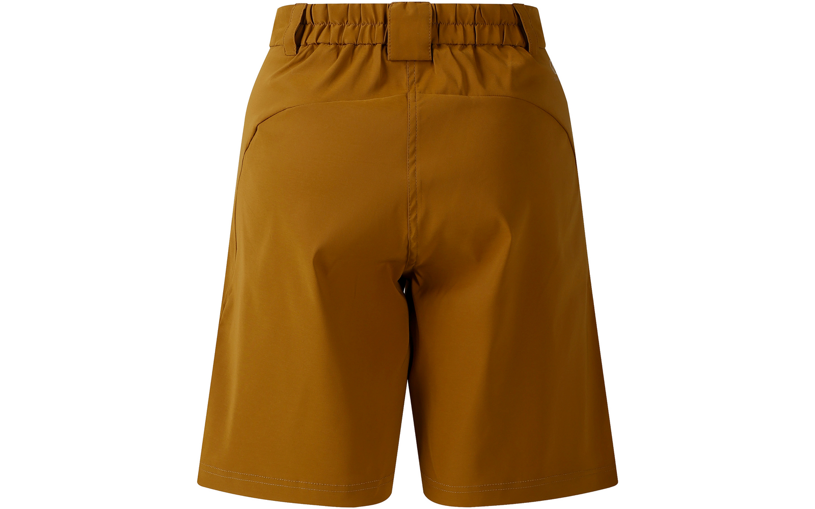 Vista trasera de unos pantalones cortos color mostaza con cintura elástica y trabillas para cinturón