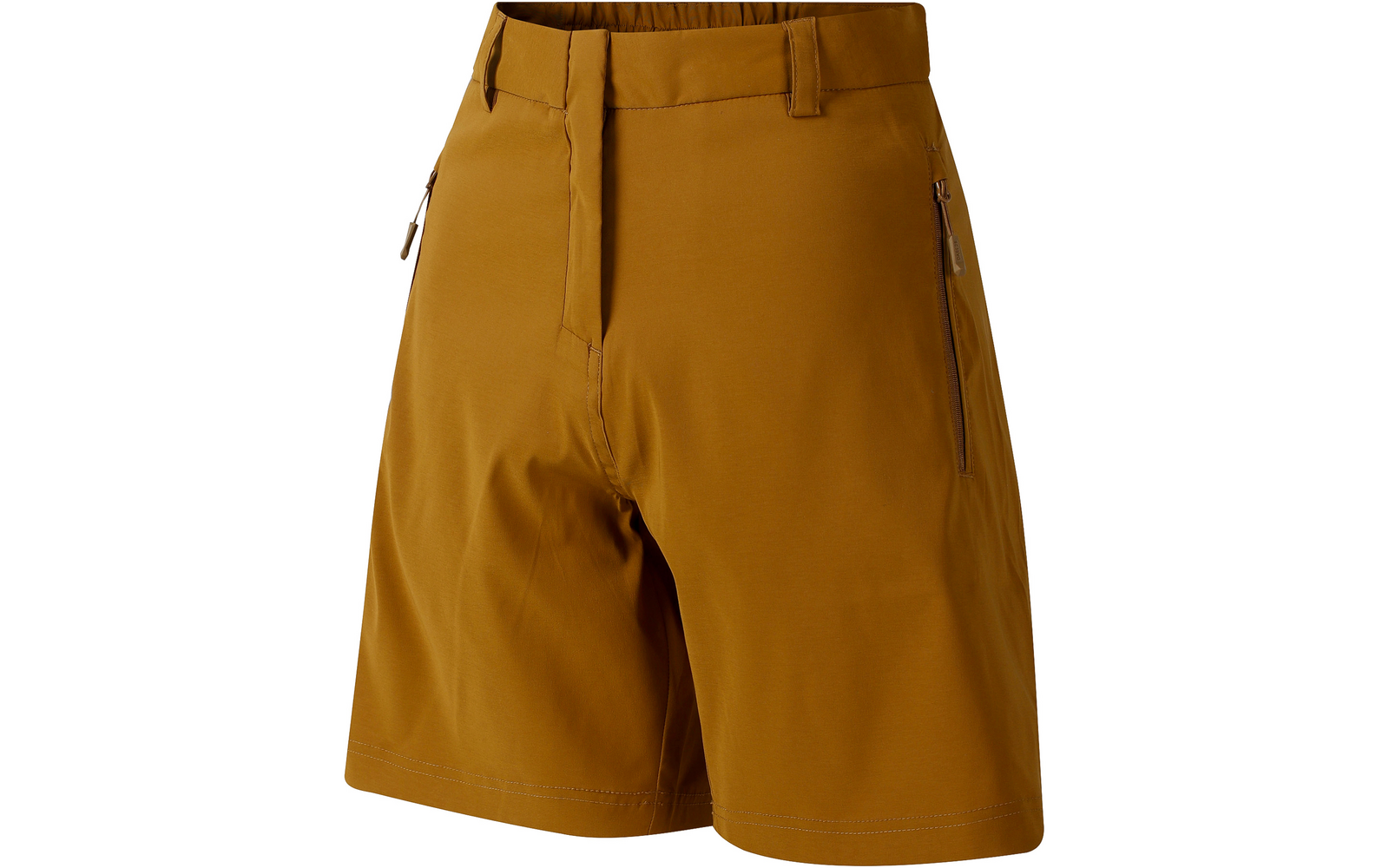 Shorts color mostaza con cintura trasera elástica, trabillas, cremallera y dos bolsillos laterales con cierre