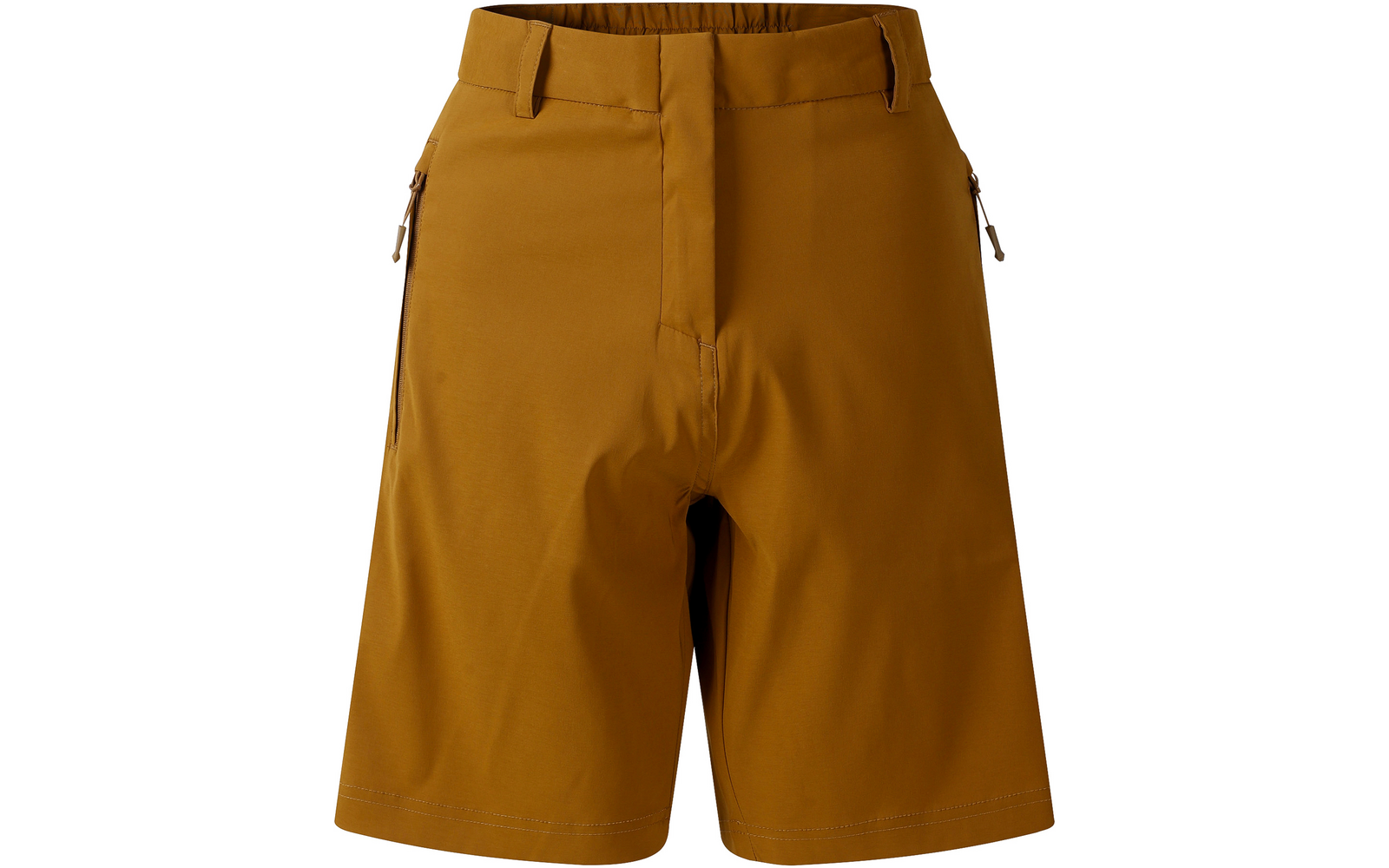 Vista frontal de unos pantalones cortos lisos de color mostaza con trabillas, largo hasta mitad del muslo, costura frontal en la entrepierna y dos bolsillos laterales con cremalleras y tiradores