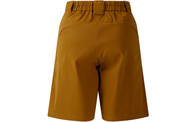 Vista trasera de unos pantalones cortos color mostaza con cintura elástica y trabillas para cinturón