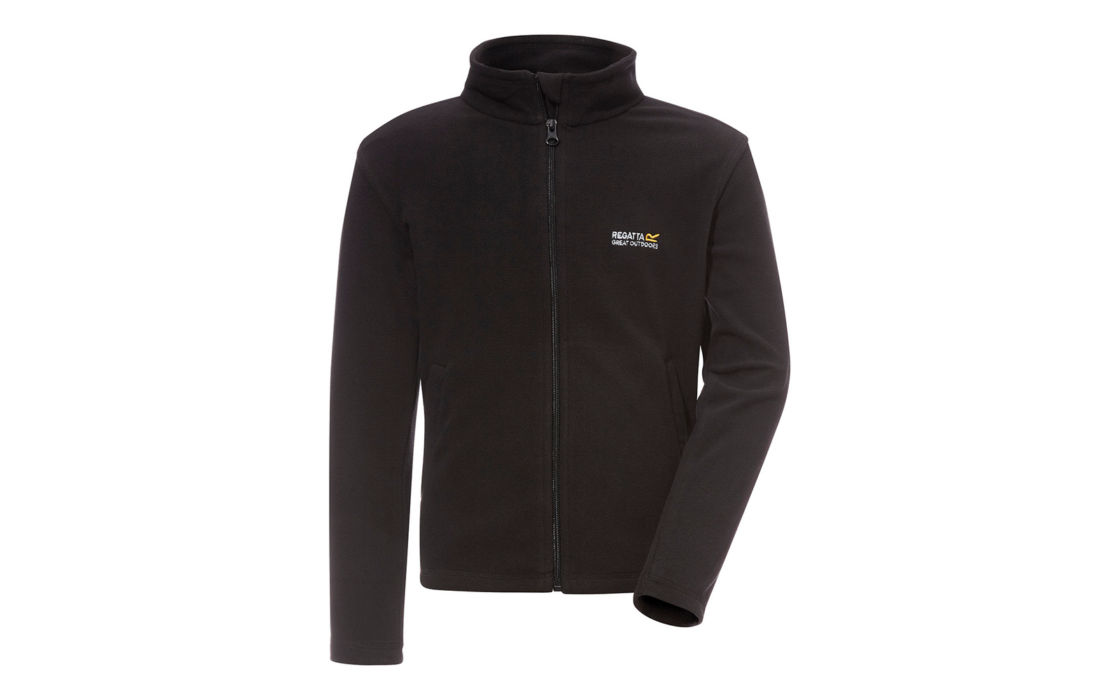 Giacca in pile nera con cerniera frontale, collo alto, maniche lunghe e piccolo logo bianco con simbolo giallo sul petto sinistro