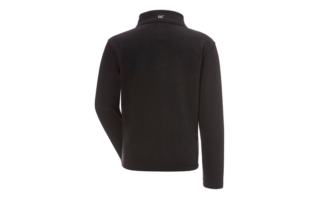 Giacca in pile nera, vista posteriore, maniche lunghe, piccolo logo bianco sul colletto, sfondo bianco