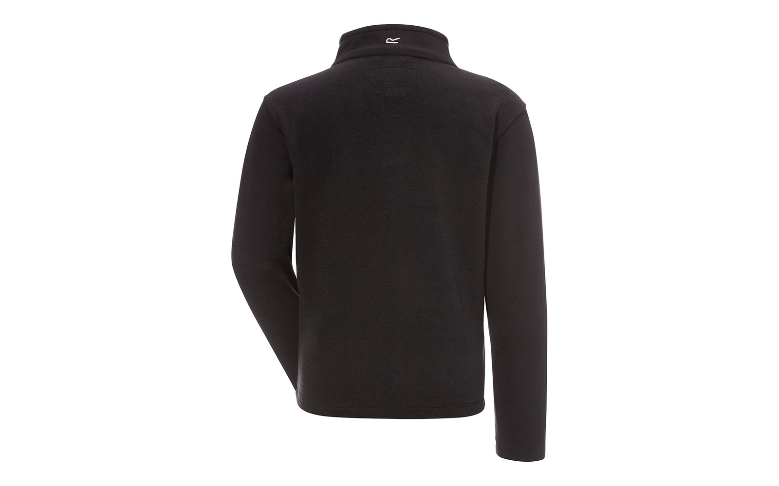 Giacca in pile nera, vista posteriore, maniche lunghe, piccolo logo bianco sul colletto, sfondo bianco