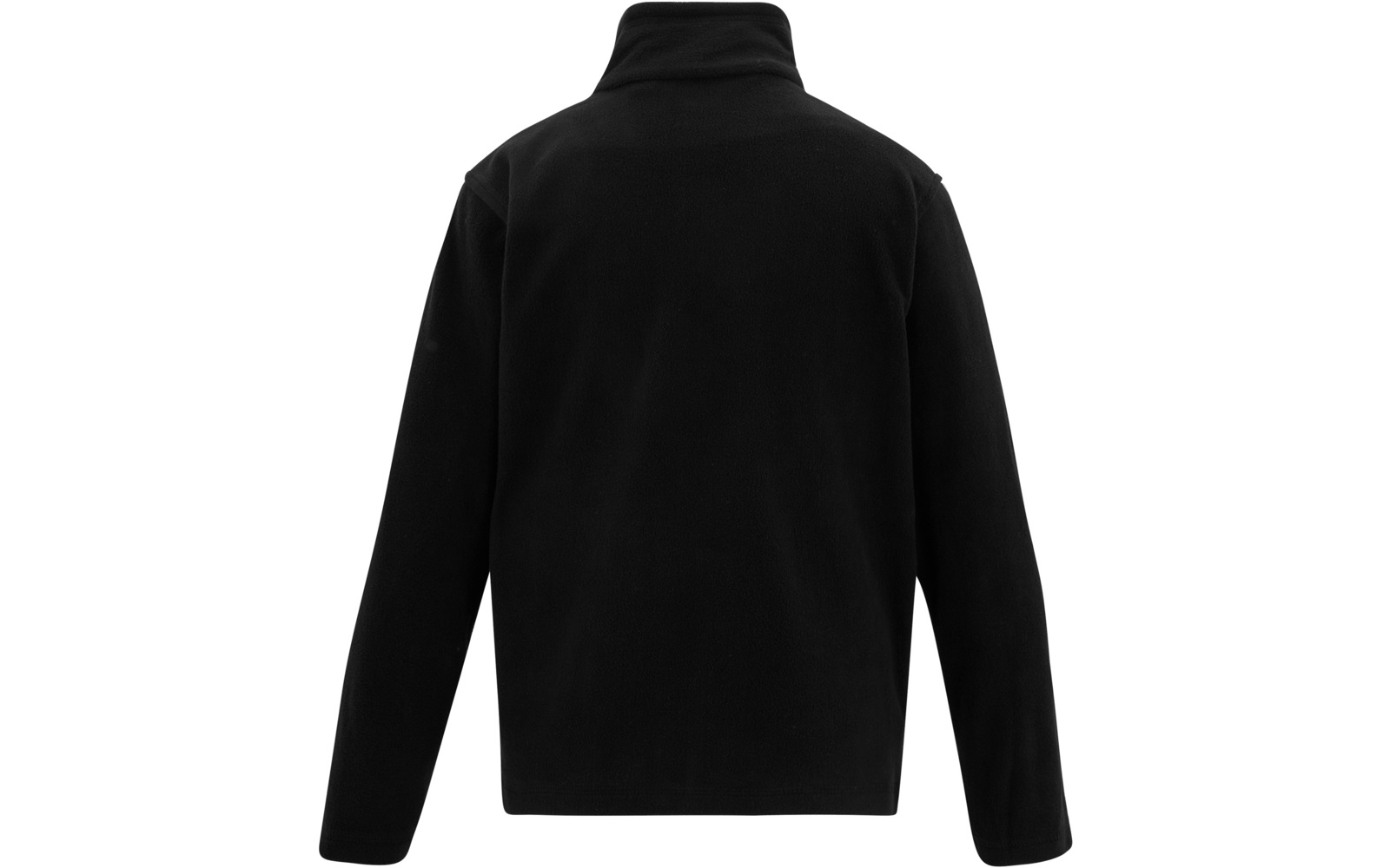 Vista posteriore di una giacca in pile nera con colletto alto e maniche lunghe su sfondo bianco
