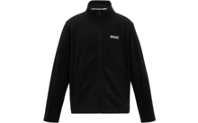 Zwarte fleecejas met ritssluiting over de volle lengte, opstaande kraag, lange mouwen, zijzakken en klein wit logo op de linkerborst voor een witte achtergrond