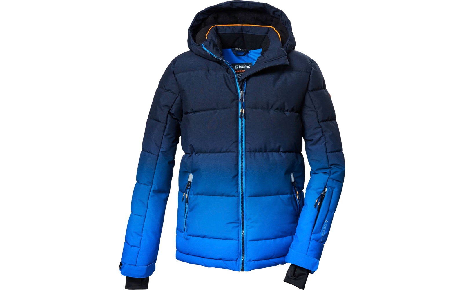 Blauer gesteppter Wintermantel mit Kapuze und Reißverschlüssen