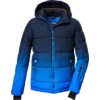 Blauer gesteppter Wintermantel mit Kapuze und Reißverschlüssen