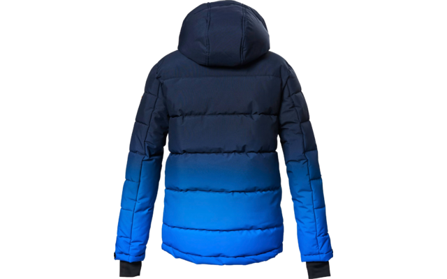Blaue Steppjacke mit Kapuze von hinten