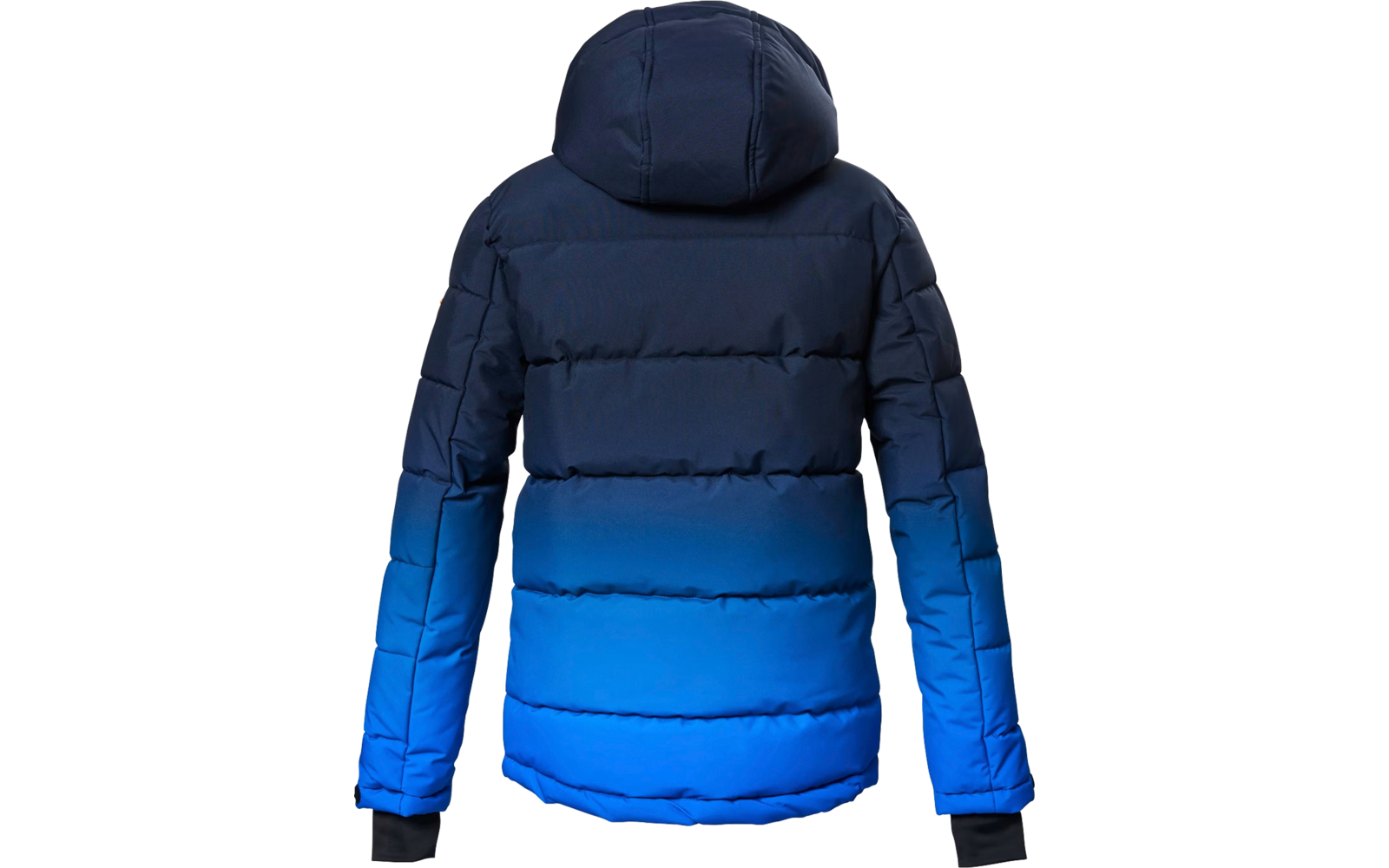 Blaue Steppjacke mit Kapuze von hinten