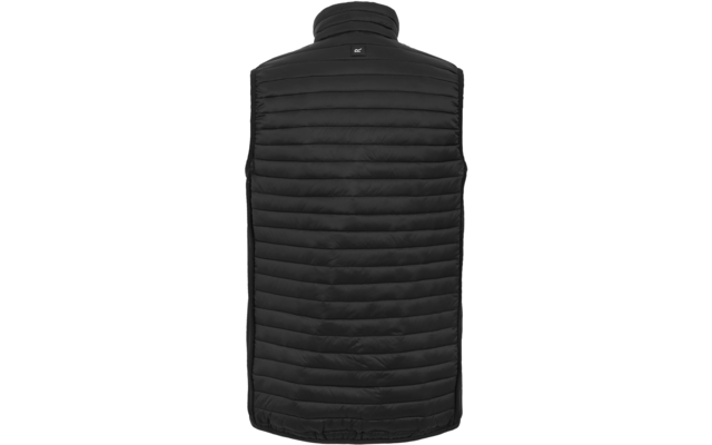 Rückenansicht einer schwarzen Steppweste mit hohem Stehkragen und kleinem rechteckigem Logo auf dem oberen Rücken