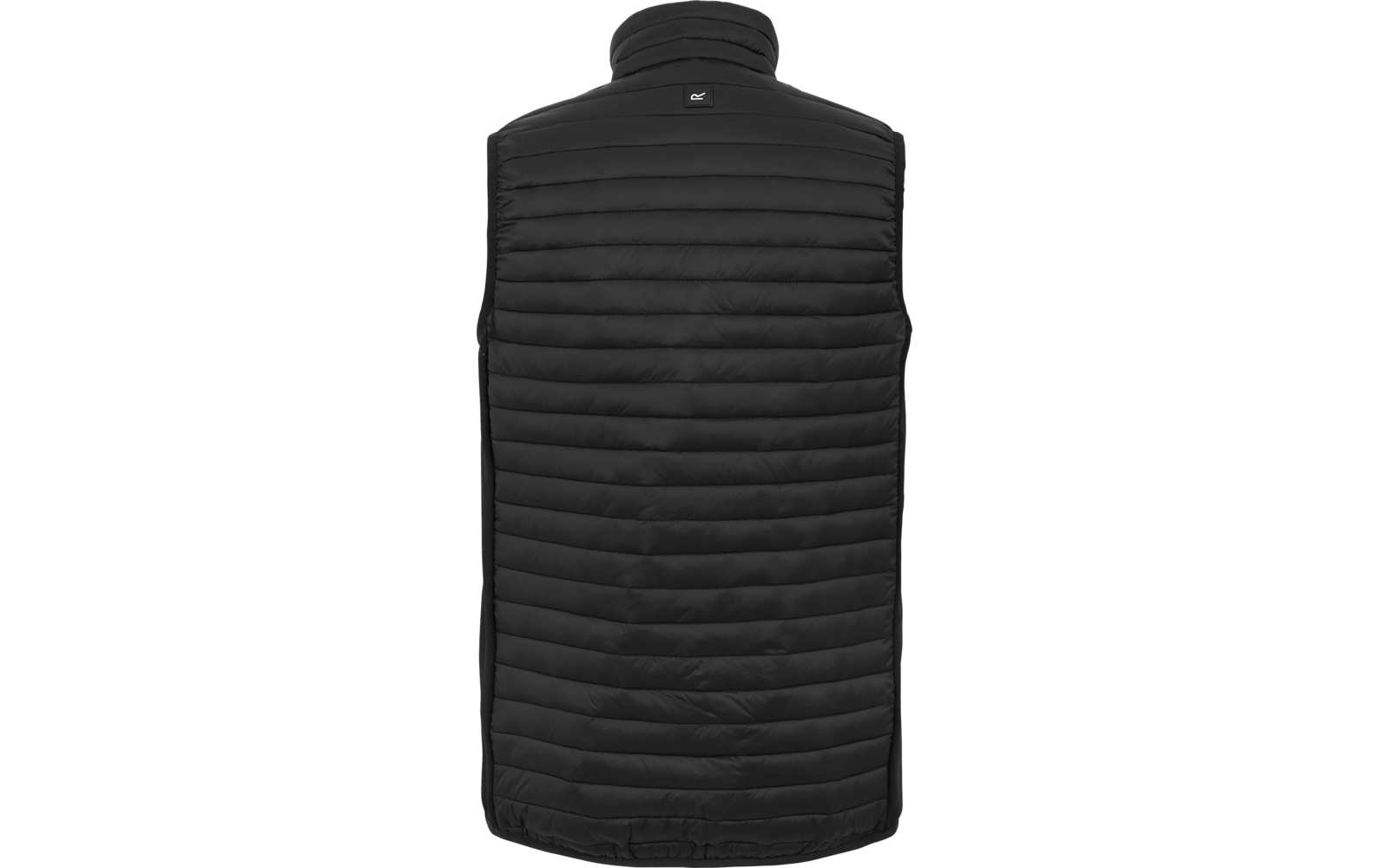 Back view of a black quilted vest with a high stand-up collar and a small rectangular logo on the upper back