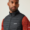 Mann mit schwarzen, leicht gewellten kurzen Haaren trägt eine schwarze gesteppte Weste und ein rotes Langarmshirt