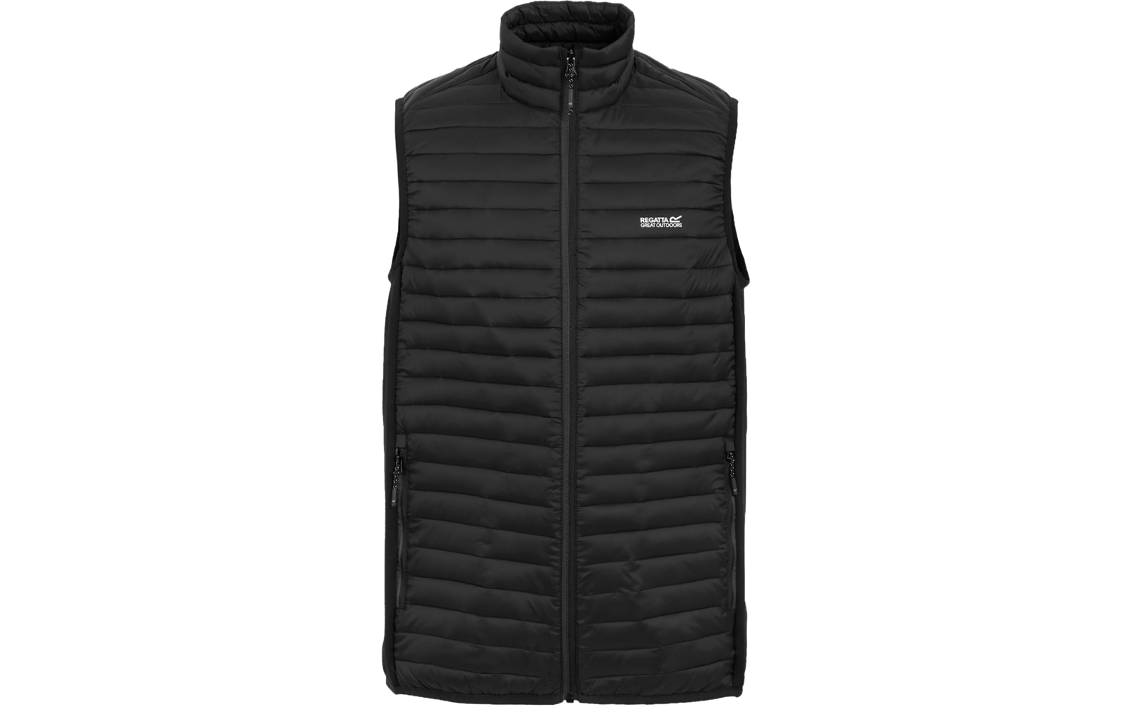 Schwarze gesteppte ärmellose Weste mit durchgehendem Reißverschluss, hohem Stehkragen, zwei seitlichen Reißverschlusstaschen und weißem Logo auf der linken Brust