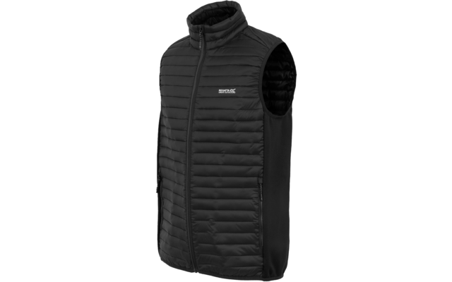 Schwarze ärmellose Steppweste mit durchgehendem Reißverschluss, zwei Reißverschlusstaschen, Stehkragen und sichtbarem Markenlogo Regatta auf der Brust