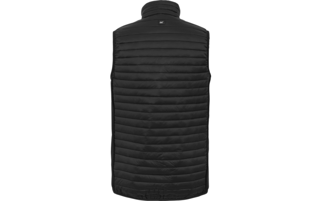 Back view of a black quilted vest with a high stand-up collar and a small rectangular logo on the upper back