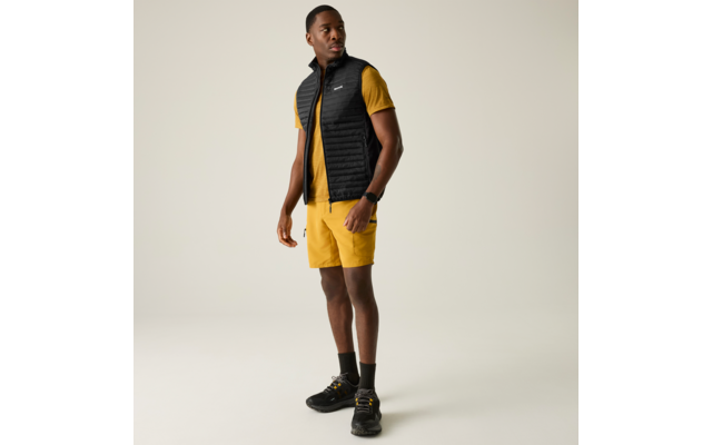 Mann steht in gelbem T-Shirt und Shorts, schwarze gesteppte Weste, schwarze Schuhe, Blick nach rechts