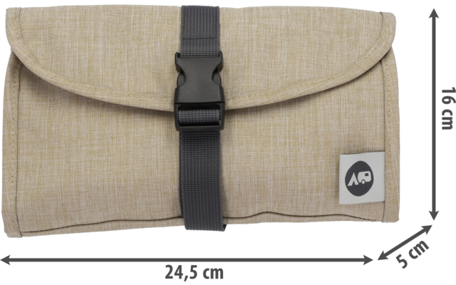 Bolsa de tela beige con correa negra de cierre, dimensiones 23 x 17 x 9 cm