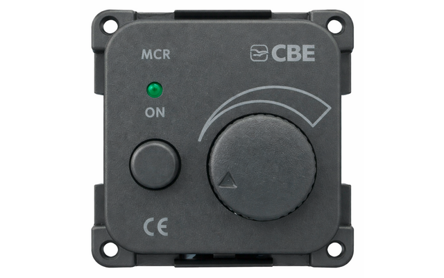 Pannello di controllo quadrato grigio scuro con grande manopola rotante a destra, piccolo pulsante a sinistra, spia verde e scritte 'MCR', 'ON', 'CBE', 'CE'