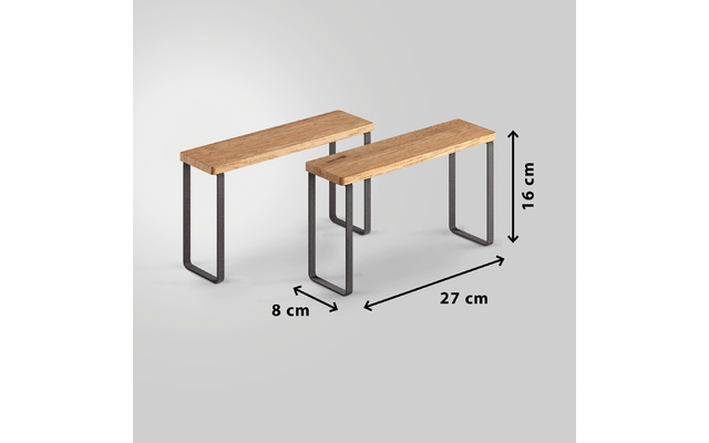 Zwei schmale Holzplatten mit U-förmigen dunklen Metallbeinen nebeneinander auf hellem Hintergrund; schwarze Pfeile und Beschriftungen mit den Maßen '8 cm', '27 cm' und '16 cm'