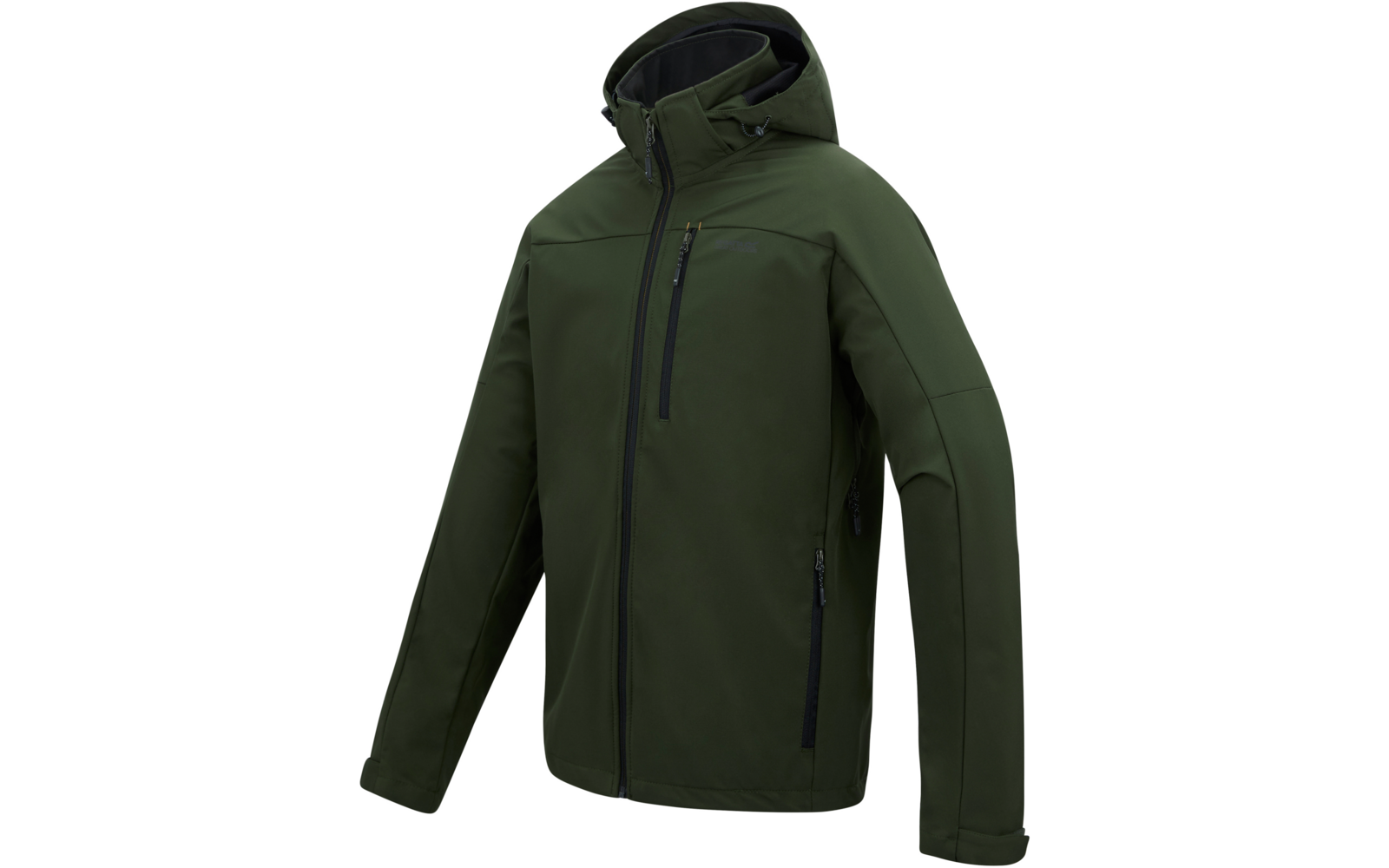 Olivgrüne Kapuzenjacke mit durchgehendem Frontreißverschluss, Brusttasche mit Reißverschluss, zwei seitlichen Reißverschlusstaschen und langen Ärmeln