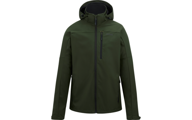 Olivegrüne Kapuzenjacke mit durchgehendem Frontreißverschluss, senkrechter Brusttasche und zwei seitlichen Reißverschlusstaschen