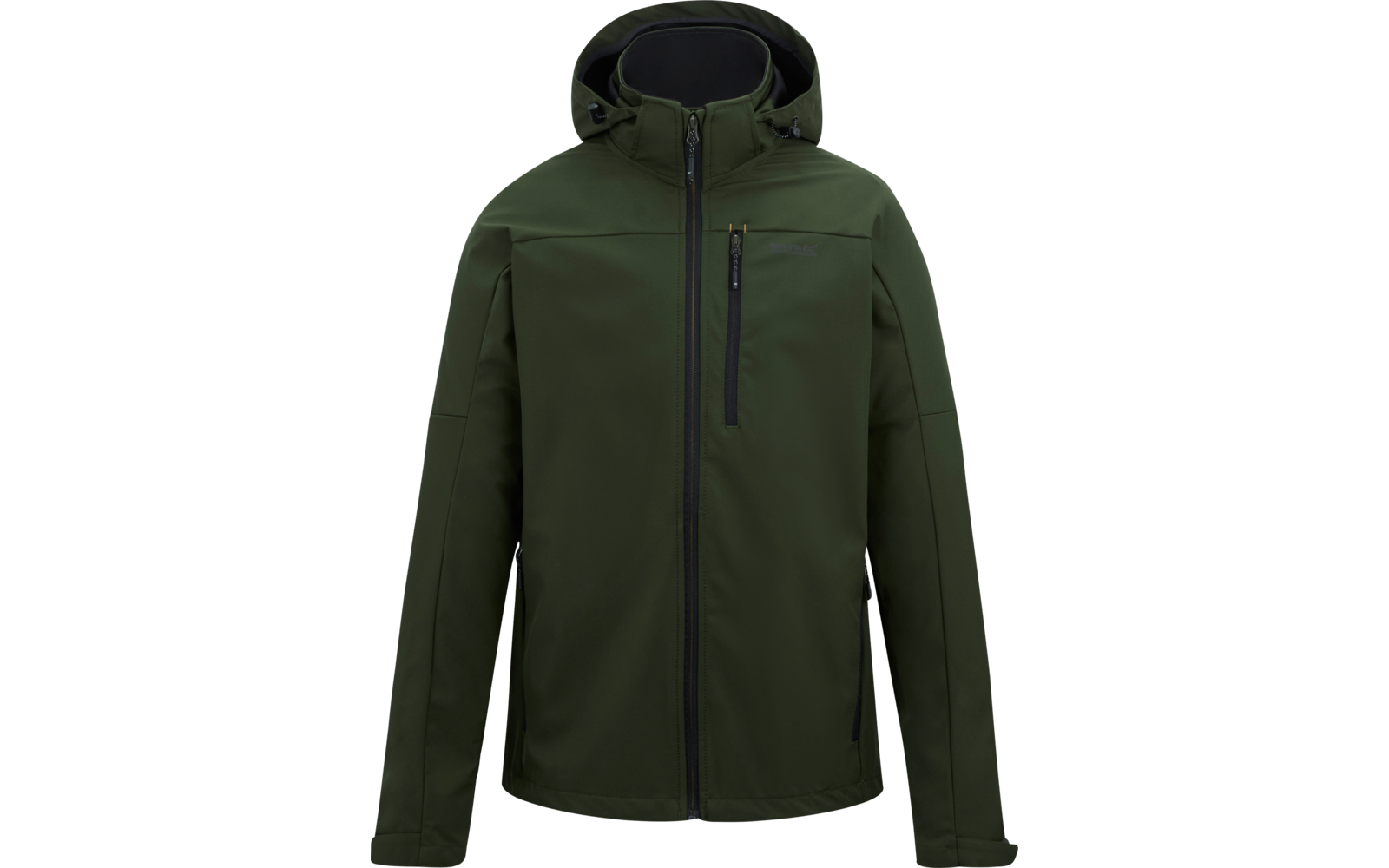 Olivegrüne Kapuzenjacke mit durchgehendem Frontreißverschluss, senkrechter Brusttasche und zwei seitlichen Reißverschlusstaschen