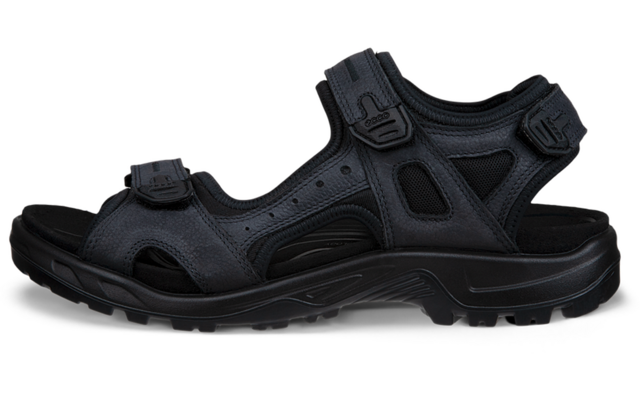 Sandale de randonnée noire avec trois fermetures auto-agrippantes, côtés ouverts et semelle crantée
