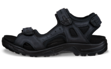 Zwarte outdoorsandaal met drie klittenbandsluitingen, open zijkanten en profielzool